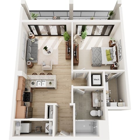 Floor plan for 1 bed, 1 bath, 853 sqft